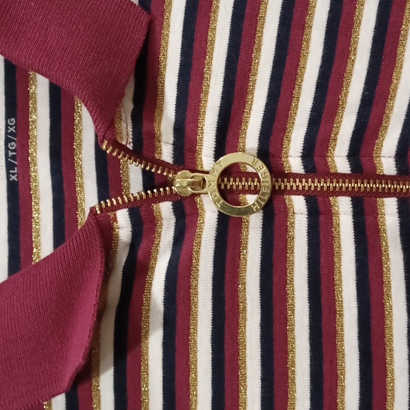 Tommy Hilfiger Wmn's XL Striped Quarter Zip Maroon/gold Polo Shirt - Picture 2 of 7